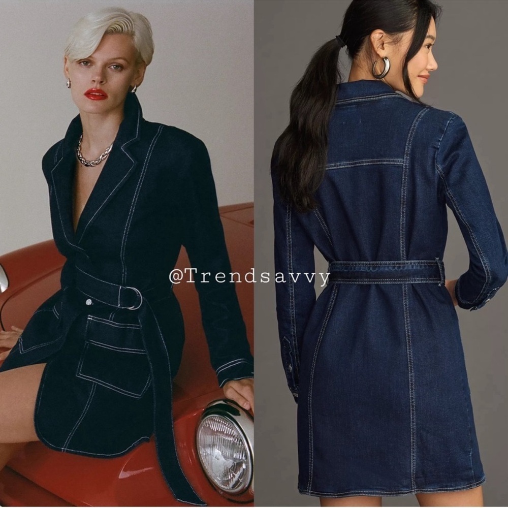 Anthropologie Pilcro Dark Wash Denim Blazer Mini Dress Belted Blue Small NWT